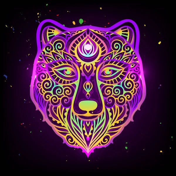 Björnhuvud Psykedeliskt Vektorillustration Färgstark Etnisk Teckning Björndjur Zen Boho Stil — Stock vektor