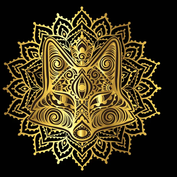 Fuchs Auf Mandala Vektorillustration Blume Ethnische Zeichnung Goldfuchs Zen Boho — Stockvektor