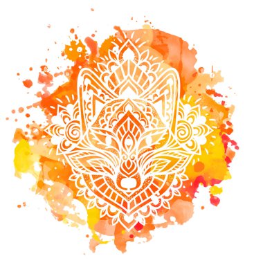 Tilki kafalı Mandala. Vektör çizimi. Çiçek Etnik çizimi. Zen boho tarzında dekoratif Fox hayvanı. Boho, dekorasyon için hippi.