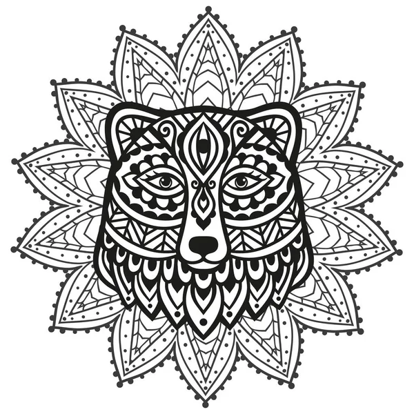 Bear Mandala Prydnad Vektorillustration Etnisk Blomsterteckning Björnen Djur Natur Zen — Stock vektor