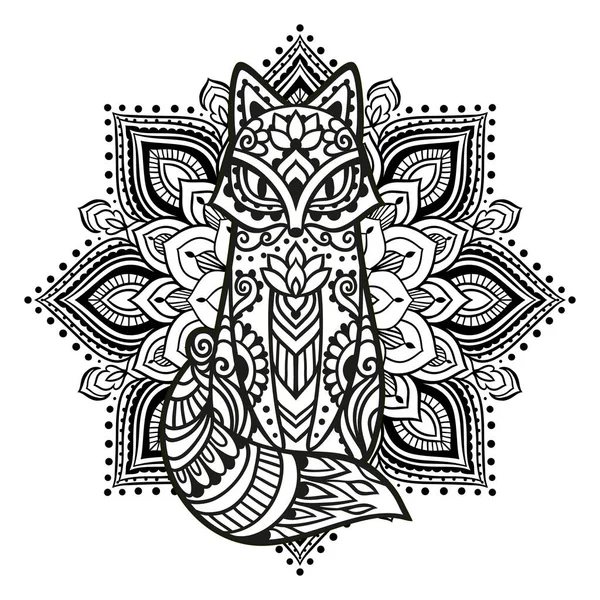 Räv Prydnad Vektorillustration Mandala Etnisk Blomsterteckning Dekorativa Fox Djur Zen — Stock vektor