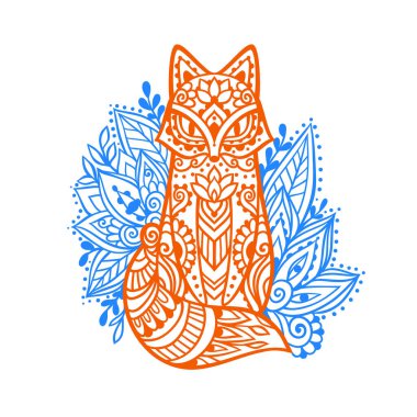 Süs içinde tilki. Vektör illüstrasyonu Mandala. Çiçek Etnik çizimi. Zen boho tarzında dekoratif Fox hayvanı. Boho, dekorasyon için hippi.