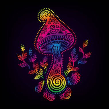 Sihirli mantarlar. Psikedelik desen. Vektör çizimi. Zen Boho sanatı. Dekoratif mantarlar, hippi, halüsinasyon psilosibin 60 'lar