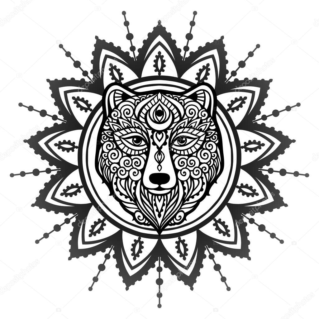 Bear mandala ornament. Vector illustration. Flower Ethnic drawing. Bear animal nature in Zen boho style. Coloring page black and white