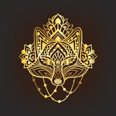 Fox Mandala Süs Altını. Vektör çizimi. Çiçekli kınalı etnik çizim. Zen boho tarzında bir tilki. Boho, hippi deseni.