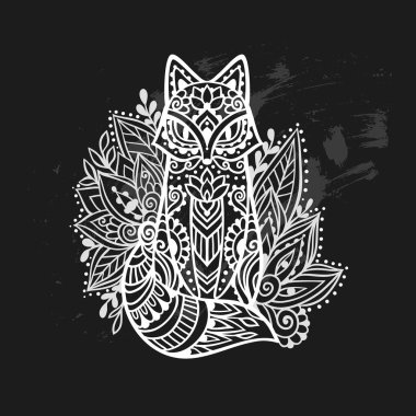 Süs içinde tilki. Vektör illüstrasyonu Mandala. Çiçek Etnik çizimi. Zen boho tarzında dekoratif Fox hayvanı. Boho, dekorasyon için hippi.
