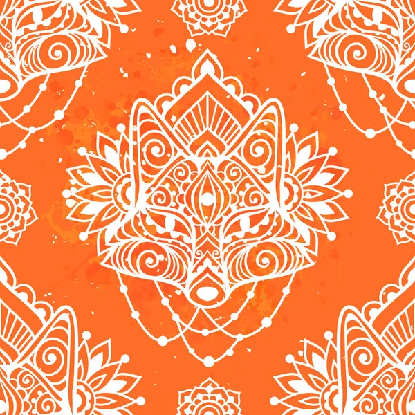 フォックスマンダラ装飾 ベクトルイラスト 花の民族画 禅のBohoスタイルのキツネ動物 ボホヒッピーのパターン — ストックベクタ