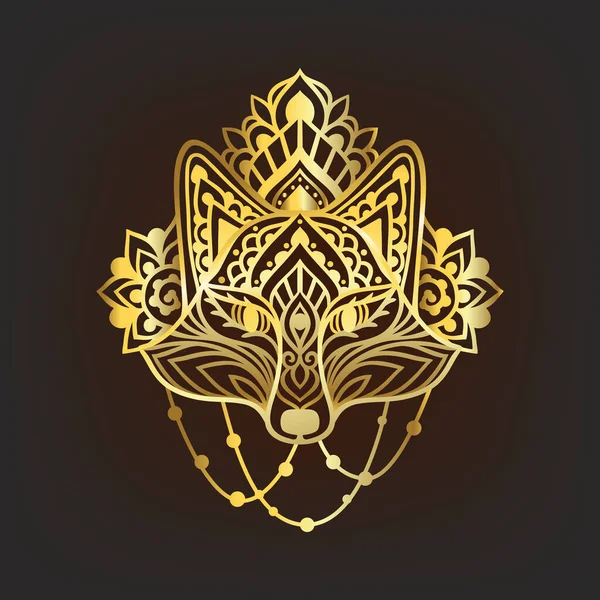 Fox Mandala Ornament Gold Vektorová Ilustrace Květinová Henna Etnická Kresba — Stockový vektor