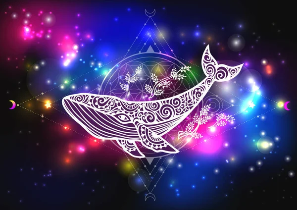 Whale Mandala Psykedelisk Vektorillustration Färgglad Psykedelisk Konst Valdjur Zen Boho — Stock vektor