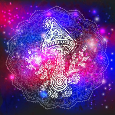 Sihirli mantarlar. Psikedelik poster.Vektör çizimi. Zen boho sanatı. Uzay, galaksi, mistik arka plan. Dekoratif mantarlar, hippi, neon halüsinasyon psilosibin 60 'lar