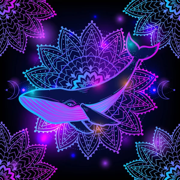 Whale Mandala Psychedelic Vector Illustration Colorful Psychedelic Art Whale Sea — Stock Vector