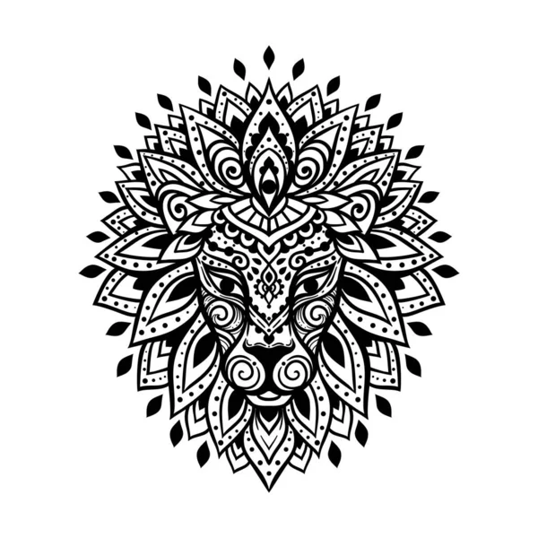 Lion Mandala Prydnad Vektorillustration Etnisk Blomsterteckning Lejondjur Zen Boho Stil — Stock vektor