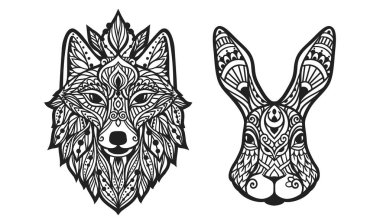 Kurt, tavşan, tavşan Mandala. Vektör çizimi. Yetişkin boyama sayfası. Zen boho tarzında ruhani bir hayvan. Kutsal, huzurlu. Kabile baskısı. Siyah ve beyaz
