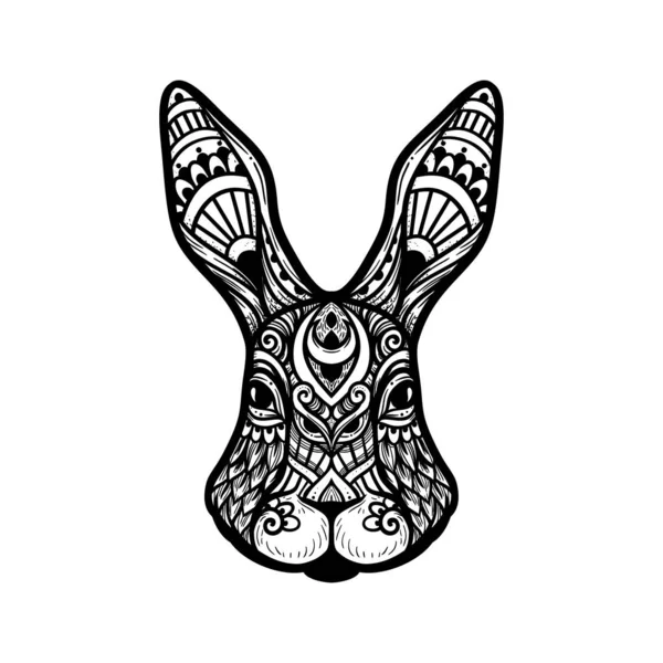 Tavşan kafası mandala. Vektör çizimi. Yetişkin boyama sayfası. Zen boho tarzında Tavşan Hayvanı. Kutsal, huzurlu. Dövme desenli süsler. Siyah ve beyaz