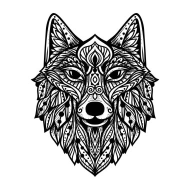 Kurt mandala. Vektör çizimi. Yetişkin boyama sayfası. Zen boho tarzında ruhani bir hayvan. Kutsal, huzurlu. Dövme kabile baskısı. Siyah ve beyaz