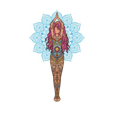 Mandala 'lı Yoga Kız. Süslü kadınsı Lotus meditasyonu. Etnik tarzda vektör illüstrasyon. Uluslararası yoga günü kartı. Poz veren kadın