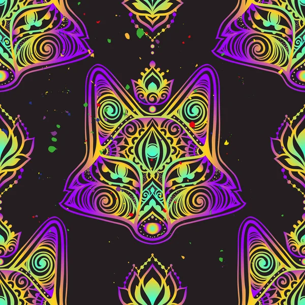Fox Mandala Head Psychedelic Vector Pattern Colorful Ethnic Drawing Fox — Stock Vector