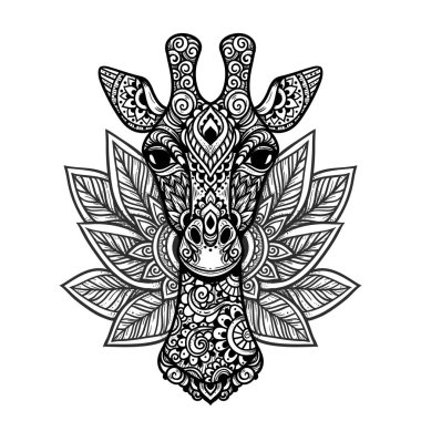 Zürafa mandala. Vektör çizimi. Yetişkin boyama sayfası. Zen boho tarzında bir hayvan. Kutsal, huzurlu. Dövme baskısı Hint ve Meksika süslemeleri