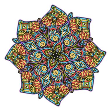 Sihirli mantar mandala. Psikedelik desen. Vektör çizimi. Zen Boho sanatı. Dekoratif mantarlar, hippi, halüsinasyon psilosibin 60 'lar