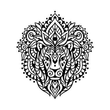 Aslan mandala süsü. Vektör çizimi. Çiçek Etnik çizimi. Zen boho tarzında aslan hayvanı. Boyama sayfası, Leo Zodiac, Astroloji