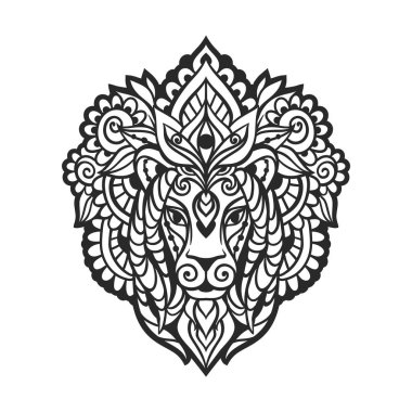 Aslan mandala süsü. Vektör çizimi. Çiçek Etnik çizimi. Zen boho tarzında aslan hayvanı. Boyama sayfası, Leo Zodiac, Astroloji