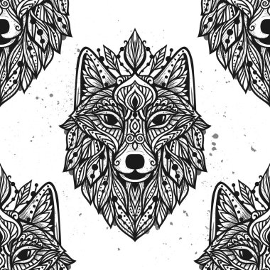 Wolf mandala. Vector pattern illustration. Esoteric, Spiritual Wild Animal in Zen boho style. Black and white print clipart