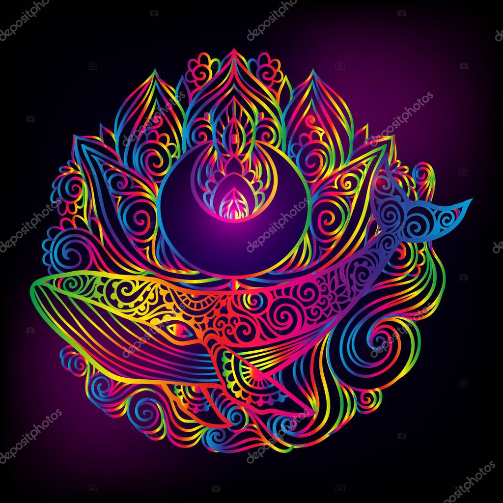 Whale mandala. Vector illustration. Whale sea animal in Zen boho style. Sacred geometry, Peaceful. Tattoo henna, Hippie, hallucination. Psychedelic mystical print