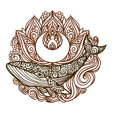 Balina mandala. Vektör çizimi. Yetişkin boyama sayfası. Zen boho tarzında balina deniz hayvanı. Kutsal, huzurlu. Dövme kınası izi