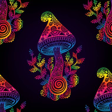 Sihirli mantarlar. Psikedelik desen. Vektör çizimi. Zen Boho sanatı. Dekoratif mantarlar, hippi, halüsinasyon psilosibin 60 'lar
