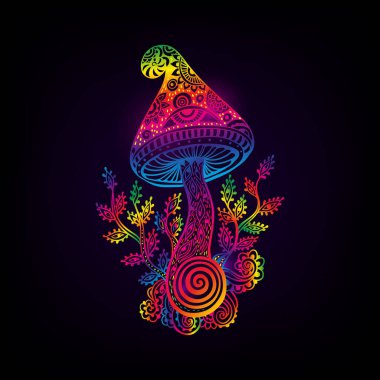 Sihirli mantarlar. Psikedelik desen. Vektör çizimi. Zen Boho sanatı. Dekoratif mantarlar, hippi, halüsinasyon psilosibin 60 'lar