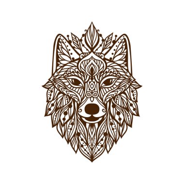 Kurt mandala. Vektör çizimi. Yetişkin boyama sayfası. Zen boho tarzında vahşi bir hayvan. Kutsal, huzurlu. Dövme desenli süsler. Siyah ve beyaz