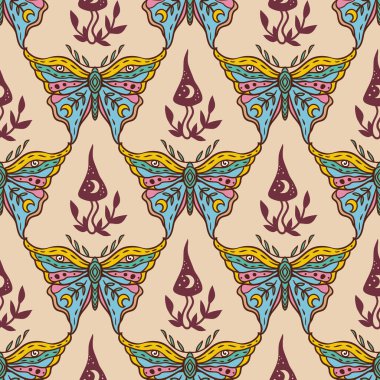 Kelebek hippi retro. Vektör deseni. Çiçek Gücü çizimi. Zen boho tarzında hayvan doğası. 70 'ler 60' lar Yaz Muhteşemliği