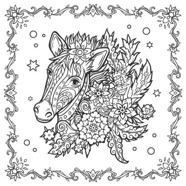 Zebra mandala. Hayvan Vektörü illüstrasyonu. Yetişkin ya da çocuk boyama sayfası Zen boho tarzında. Stres karşıtı, barışçıl çizim. Siyah ve beyaz