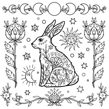 Tavşan mandala. Hayvan Vektörü illüstrasyonu. Yetişkin ya da çocuk boyama sayfası Tavşan Zen boho tarzında. Stres karşıtı, barışçıl çizim. Siyah ve beyaz