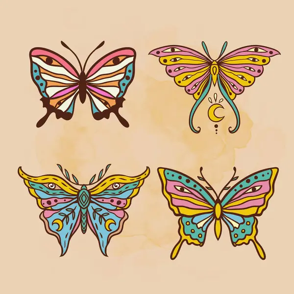 Butterfly Hippie Retro Vector Pattern Flower Power Drawing Animal Nature — Stock Vector