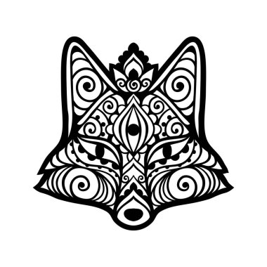 Tilki mandala süsü. Vektör çizimi. Çiçek Etnik çizimi. Tilki hayvan doğası Zen boho tarzında. Renkli sayfa siyah ve beyaz