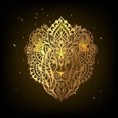 Aslan mandala süsü, Altın. Vektör çizimi. Çiçek Etnik çizimi. Zen boho tarzında aslan hayvanı. Boyama sayfası, Leo Zodiac, Astroloji