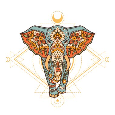Fil kutsal geometri retro. Vektör çizimi. Çiçek Etnik çizimi. Zen boho tarzında fil hayvan doğası. Hippi, doğu tarzı.
