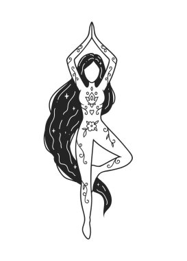 Kişisel bakım, meditasyon yapan kız yogası. Kadınsal vektör çizimleri. Akıl Sağlığı Hizmetleri. Kadın mutluluğu. Kart, sevgililer günü kartı. Doodle tarzı