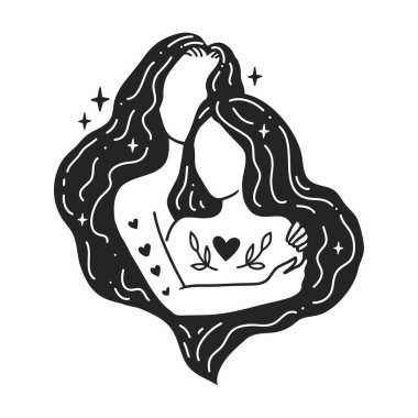 Kızlar kucaklaşır. Kişisel Bakım Kadın Vektör Resimleri. Akıl Sağlığı Hizmetleri. Kadın uyumu. Kart, sevgililer günü kartı, kadınlar günü, anneler günü. Doodle tarzı