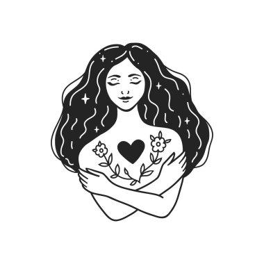 Kendine dikkat et, kendini sev sağlığına dikkat et. Kadınsal vektör çizimleri. Kadın omuzlarına sarılıyor. Kart, sevgililer günü kartı. Doodle tarzı