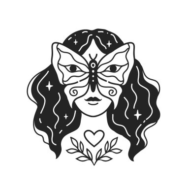 Yüzünde Kelebek Kadın. Kişisel Bakım Kadın Vektör Resimleri. Kart, sevgililer günü kartı. Doodle tarzı