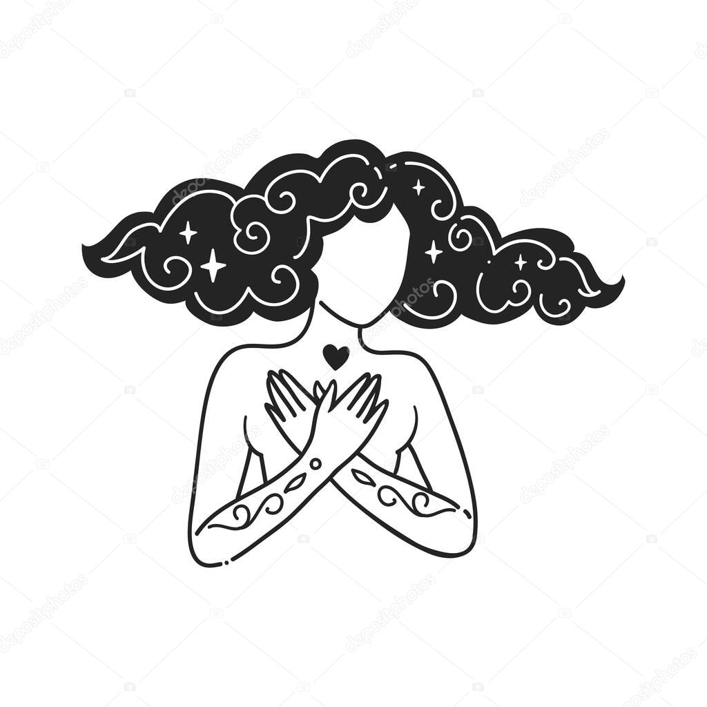 Girl with Heart in hands. Self care Feminine vector Illustrations. Mental Healthcare. Card, valentines card, Women s Day. Doodle style