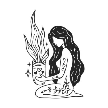 Kız çiçeklerle, hobilerle ilgileniyor. Kendine dikkat et, kendini sev. Kadınsal vektör çizimleri. Akıl Sağlığı Hizmetleri. Kadın uyumu. Doodle tarzı