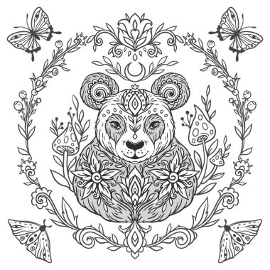 Panda mandala. Hayvan Vektörü illüstrasyonu. Yetişkin ya da çocuk boyama sayfası Zen boho tarzında. Stres karşıtı, barışçıl çizim. Siyah ve beyaz