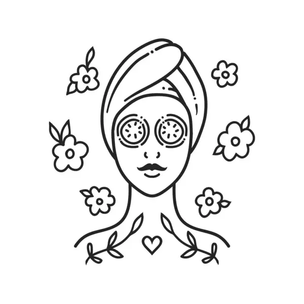 Skin Care Routine Face Mask Vector Illustration Doodle Style Girl — Stock Vector