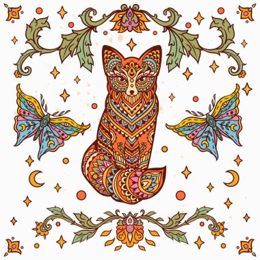 Fox Mandala retro 'su. Vektör çizimi. Çiçek Etnik çizimi. Tilki hayvan doğası Zen boho tarzında. Boyama sayfası, hippi, doğu tarzı