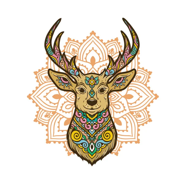 Mandala Cerf Illustration Vectorielle Animalière Fleur Ornementale Style Boho Zen — Image vectorielle