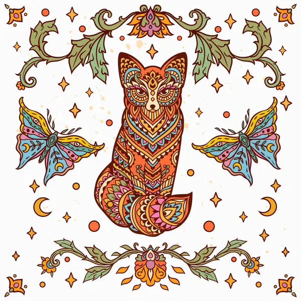 Fox Mandala retro 'su. Vektör çizimi. Çiçek Etnik çizimi. Tilki hayvan doğası Zen boho tarzında. Boyama sayfası, hippi, doğu tarzı