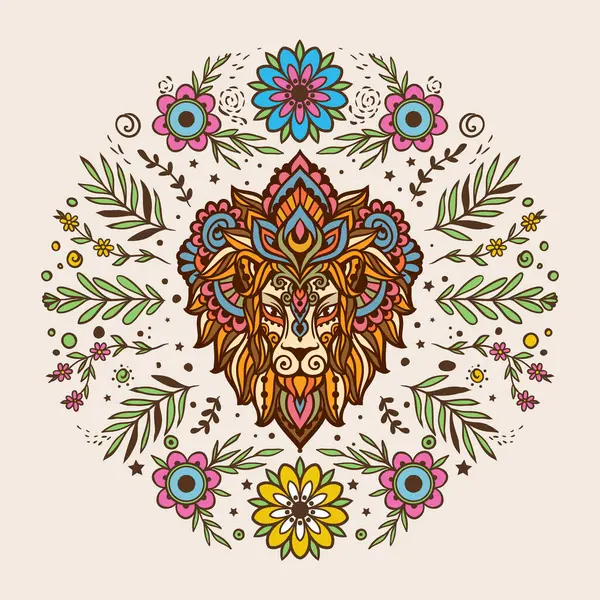 Löwenmandala Retro Vektorillustration Blume Ethnische Zeichnung Leo Tierische Natur Zen — Stockvektor